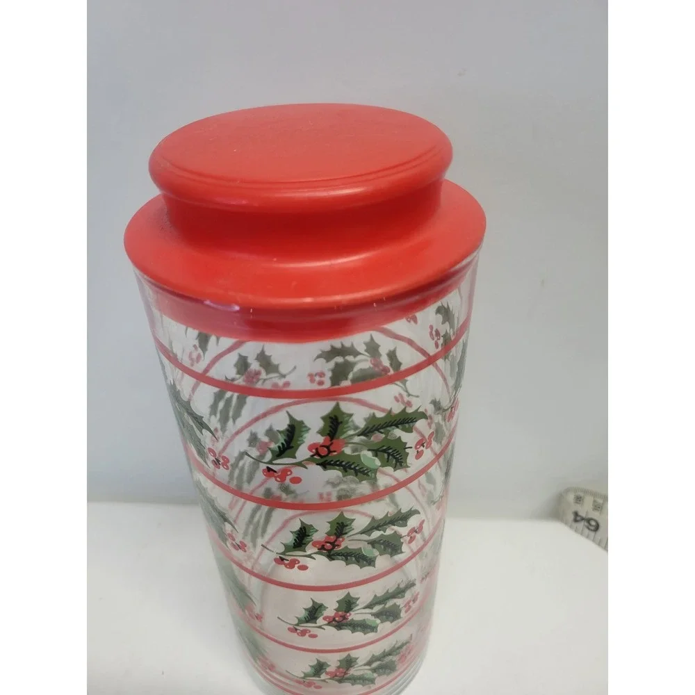 Vintage Christmas Holly‎ Canister Jar Red Lid Glass Container Holiday Decor 8.5